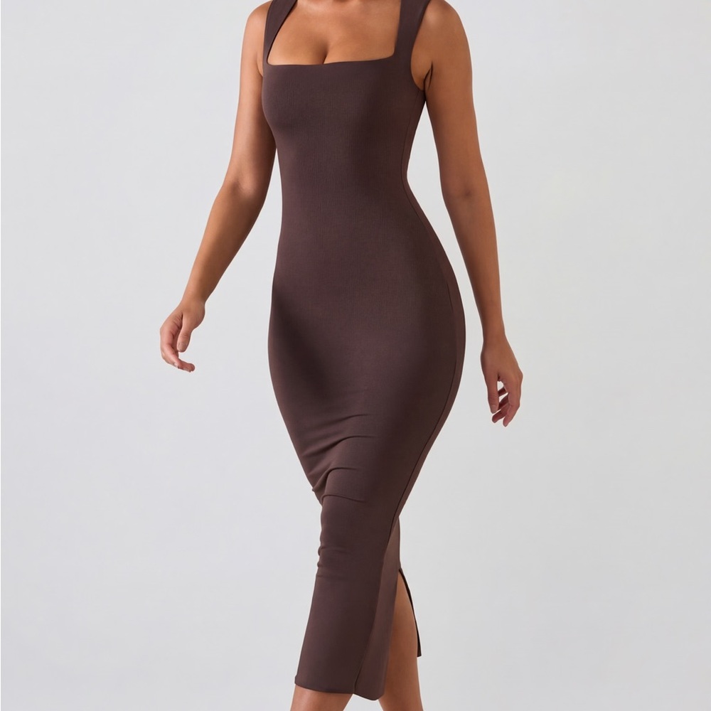 Oh Polly Chocolate Brown Square Neck Bodycon Midi Dress